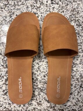 Soda Cognac Wide-Band Slide Sandals